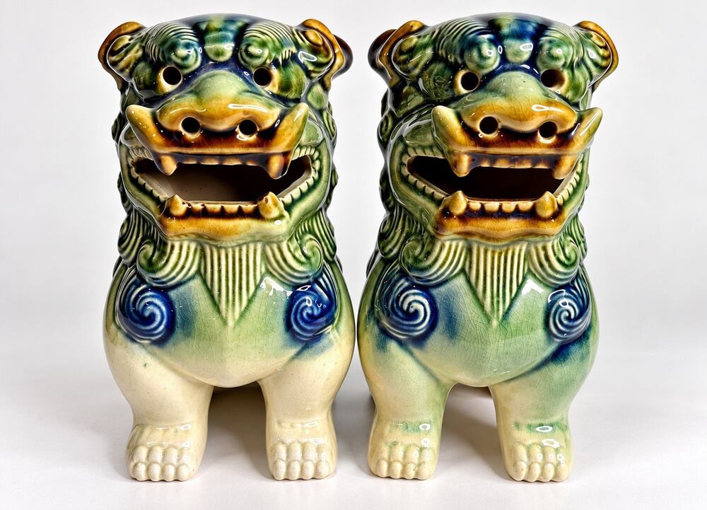 Vintage Chinese Foo Dog Guardian Lion Statues Pair 7.5” Green Blue Glazed Pair